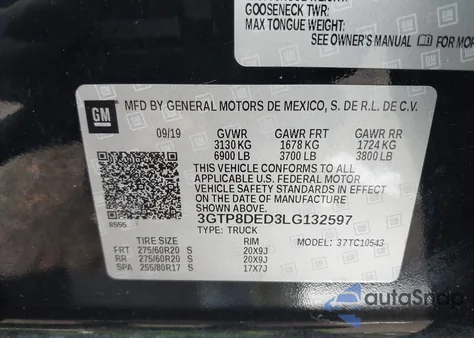 2020 GMC Sierra 1500 2Wd Short Box Slt from USA, damaged, VIN 3GTP8DED3LG132597